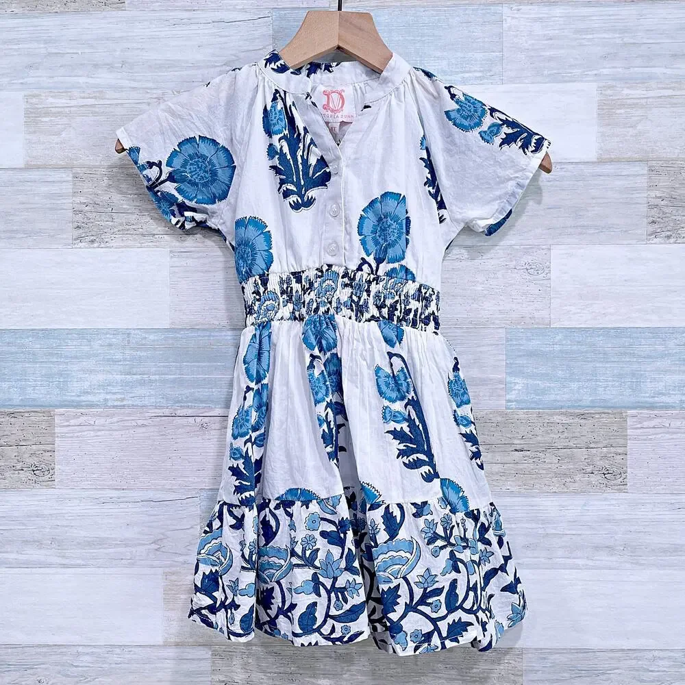 Victoria Dunn Gauze Knit Floral Smocked Waist Dress White Blue Toddler Girl 4T